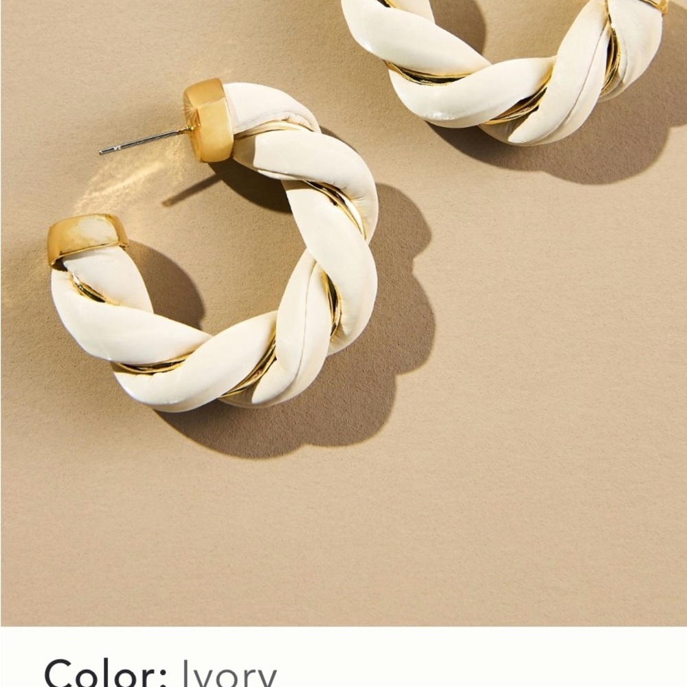 Anthropologie faux leather Gold and Cream Twisted Hoop Earrings